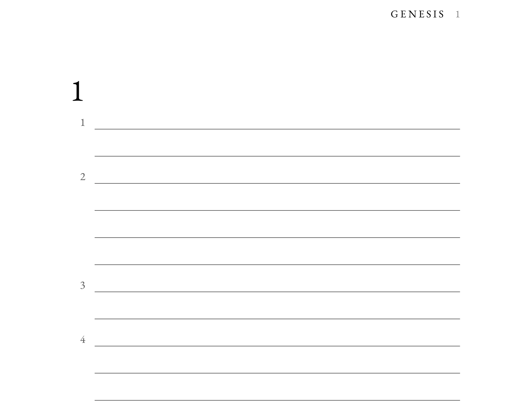 The first page of a book: a running head, the chapter numeral 1, and verse numbers with ruled lines beneath. Shown in Genesis.