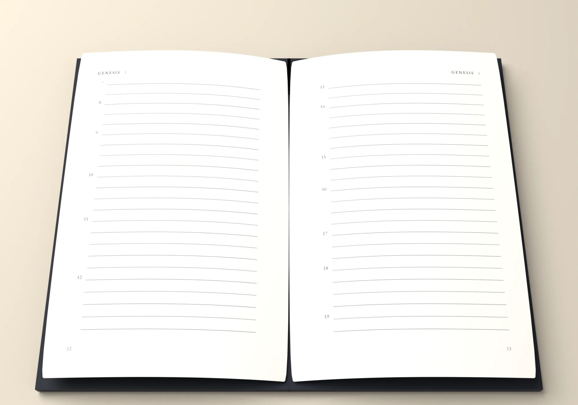 Genesis lying open at chapter 1, both pages ruled and empty apart from the verse numbers.